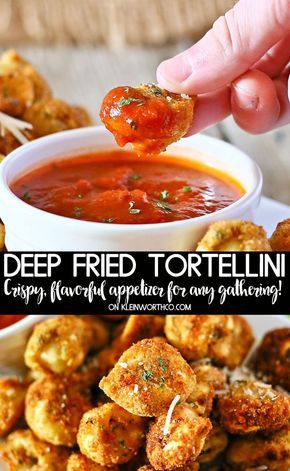 Chilled tortellini coated in breadcrumbs & fried to golden perfection make an incredibly tasty snack. Make this Deep Fried Tortellini as a crispy & crunchy appetizer that is perfect for any game day, race day, tailgating or party. via @KleinworthCo #deepfried #tortellini #appetizer #snack #breaded #italian #gameday #party #celebrate #pasta Deep Fried Snacks Appetizers, Deep Fried Tortellini, Deep Fried Food Ideas, Deep Fried Food Recipes, Deep Fried Pasta, Fried Food Ideas, Tortellini Appetizer, Fried Tortellini, Fried Appetizers