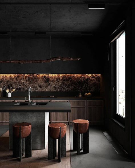 28 Likes, 0 Comments - Architecture Desires (@architecture.desires) on Instagram: “🔖 #architecture_desires Dark kitchen interior with amazing marble at back side ........ 📌 Tag…” Creative Kitchen Backsplash, Barn Kitchen, Modern Kitchen Ideas, Dark Elegance, Kitchen Transformation, Sleek Kitchen, Dark Kitchen, Studio Kitchen, Dark Interiors