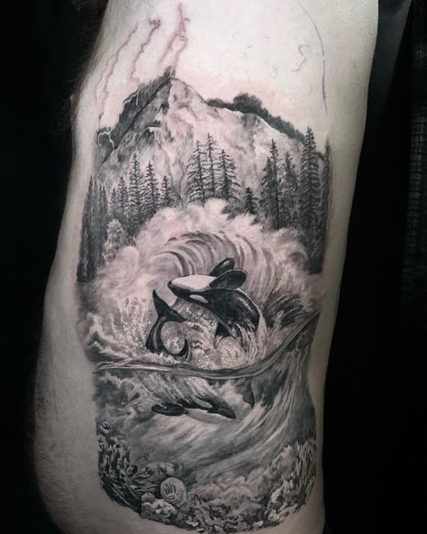 Whale And Mountain Tattoo, Realistic Whale Tattoo, Black And White Ocean Tattoo, Reflection Tattoo, Wilderness Tattoo, River Tattoo, Themed Tattoos, Whale Tattoo, Ocean Tattoo