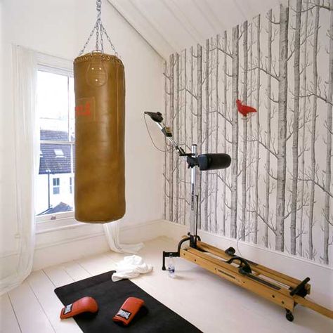 home gyms | Ideal Home Home Gym Wallpaper, Gym Decorating Ideas, Modern Home Gym, Son Wallpaper, Gym Wallpaper, Decor Pad, Training Room, Cole And Son Wallpaper, Living Etc