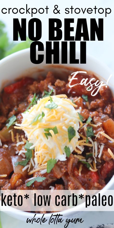 Chili Recipe Without Beans (A Low Carb Chili Recipe too) Chili Recipe Without Beans, Beanless Chili Recipe, Chili Without Beans, Chili Recipe Stovetop, Stovetop Chili, Low Carb Chili Recipe, Spicy Stew, Keto Chili, Low Carb Chili