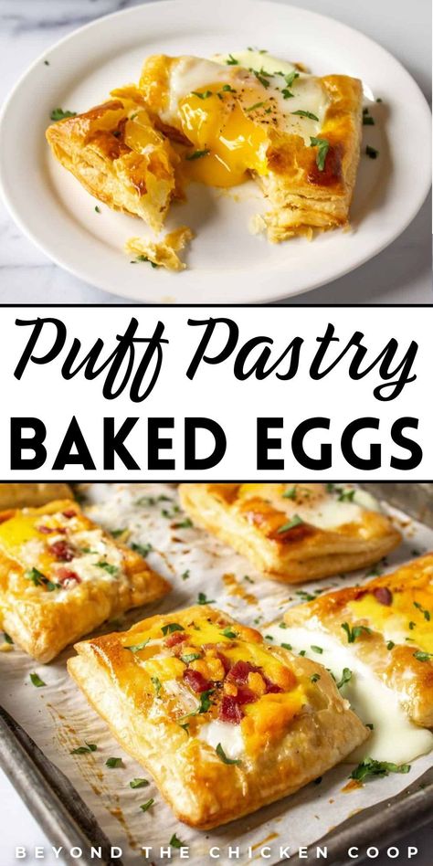 Perfect for breakfast or brunch, these puff pastry baked eggs are easy to make with homemade or store-bought puff pastry dough. These baked eggs are the perfect combination of flaky, buttery pastry and a delicious egg. You can add your favorite toppings or leave them plain. Make breakfast a celebration with these breakfast egg tarts! Puff Pastry And Egg Recipes, Easy Breakfast Ideas Puff Pastry, Egg Dish For Brunch, Breakfast Recipes With Puff Pastry, Egg Puffs Recipe, Savory Breakfast Puff Pastry, Breakfast With Phyllo Dough, Egg Wash For Puff Pastry, Puff Pastry Egg Bake