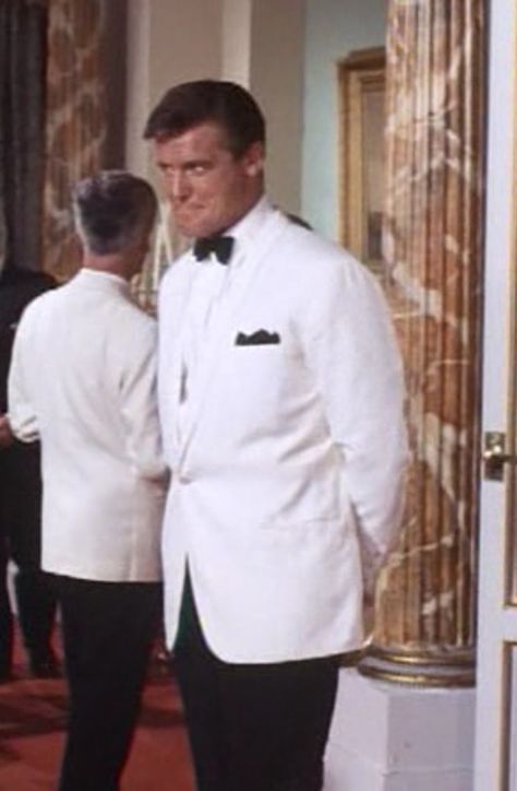 The Saint: The White Silk Dinner Jacket | The Suits of James Bond Santos, White Dinner Jacket, Bond Suits, White Dinner, James Bond 007, 007 James Bond, Ian Fleming, Roger Moore, Holiday Costumes