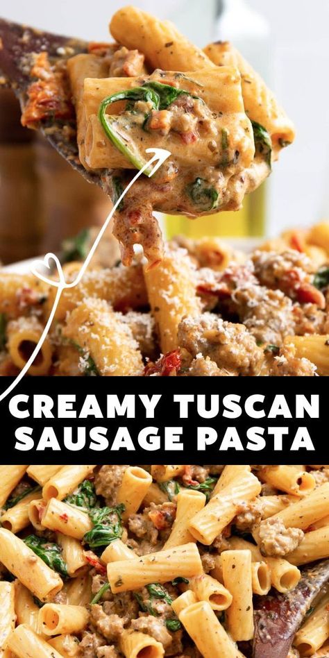 Creamy Tuscan Sausage Pasta, Tuscan Sausage Pasta, Pasta Italian Sausage, Hot Italian Sausage Recipes, Ground Italian Sausage Recipes, Sausage Pasta Dinner, Italian Sausage Recipes Pasta, Tuscan Sausage, Spinach Tomato Pasta