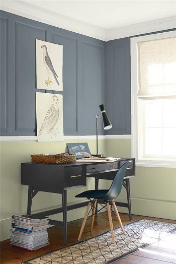 Experience an Eclipse everyday.  Benjamin Moore's Eclipse 2132-40 is on the upper wall. Lower wall is Urban Nature AF-440, Trim and Ceiling are Steam AF-15. Navy Paint Colors, Hale Navy Benjamin Moore, Best Gray Paint, Best Gray Paint Color, Benjamin Moore Gray, Color Combinations Paint, Hale Navy, Favorite Paint Colors, Blue Paint Colors