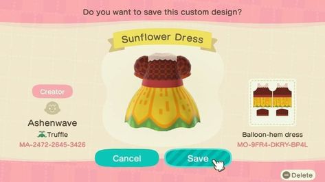 Acnh Sunflower Dress, Acnh Sunflower, Animal Crossing Codes, Dress Creator, Acnh Patterns, Clothes Codes, Sunflower Theme, Animal Crossing 3ds, Sunflower Dress