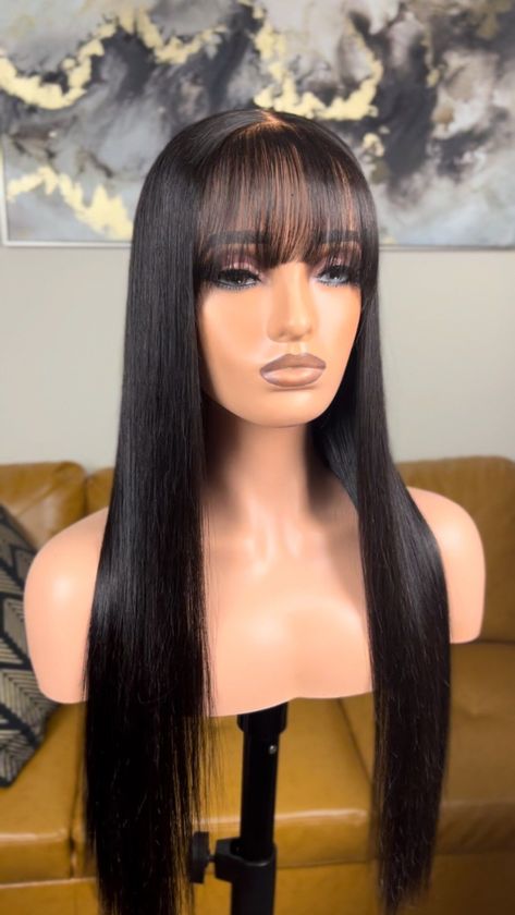 Long Straight Hair With Bangs Round Face, Wig With Bangs For Black Women, Black Straight Wig, Bang Wigs, Wig Bangs, Bang Wig, Face Lace, Frontal Wig Hairstyles, Bangs Wig