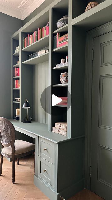 Leoma Harper home style on Instagram: "ad| Our bespoke built-in library wall & desk reveal. It has slotted into the snug so seamlessly, literally feels like it’s always been part of the space, which is exactly what we wanted to achieve for this non functioning wall, along with a whole lot of storage. Working with @bespokecarpentrylondon has been a dream, from going through my design ideas and bringing it all the life, the whole process and craftsmanship has been super smooth and with a meticulous finish. We are so delighted with the result and that it has still very much retained the charm and character of this room.

#librarywall #bespokecarpentry #snug #shelfie #deskspace" Home Office Ideas Built In Desk, Built In Wall Desk And Shelves, Desk Built Into Bookshelf, Ikea Wall Unit With Desk, Full Wall Bookshelf With Desk, Bookcase And Desk Wall, Desk And Bookshelf Combo, Library Wall With Desk, Full Wall Desk