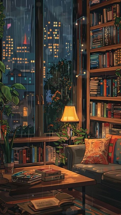 Night Room Illustration, Cosy Book Corner, Room Full Of Books, Sofa Lamp, Cityscape Illustration, Dreamy Artwork, Tablet Wallpaper, Cool Wallpapers Art, Reading Corner