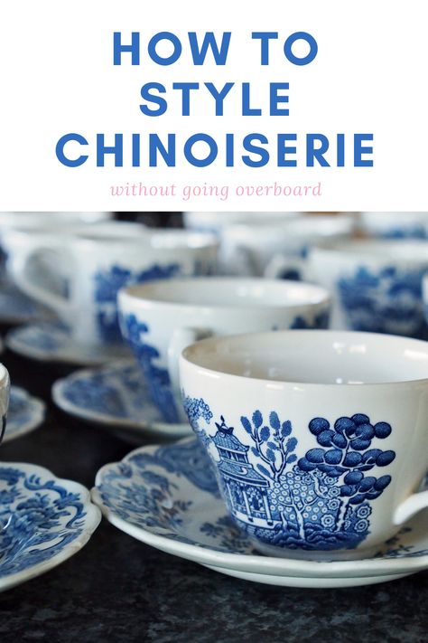 Even if you don't know it by name, you've most likely seen Chinoiserie decor over the years.  So, how do you style it without going overboard?  #chinoiserie #homeaccessories #homeaccents #interiostyling #vintagedecor #homedecorating Blue Willow Decor Kitchen, French Chinese Interior, Chinoiserie Room Decor, Chinoiserie Coastal Decor, Blue And White Mantel Decor, How To Decorate With Blue And White, White And Blue House Interior Design, Chinoiserie Office Decor, Chinoiserie Thanksgiving Table