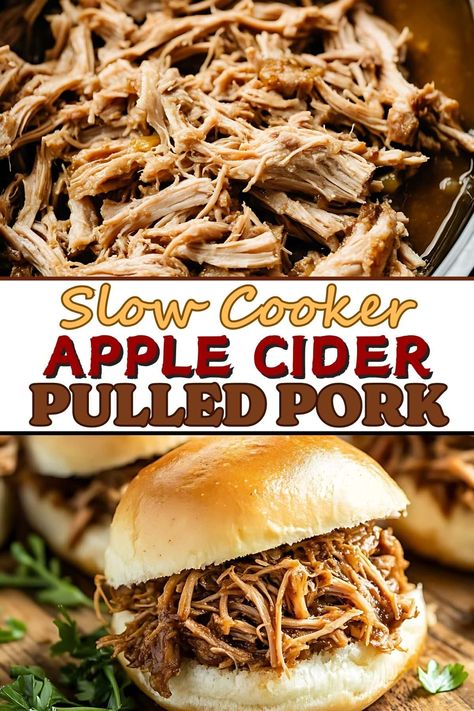 This slow cooker apple cider pulled pork is downright delicious! Pile it on sandwiches, serve it over a salad, or enjoy it as is for an unforgettable meal. Fall Pulled Pork Recipes, Apple Pulled Pork Slow Cooker, Easy Bbq Pork Crockpot, Slow Cooker Recipes Pulled Pork, Crockpot Pork Bbq Slow Cooker, Crockpot Apple Cider Pulled Pork, Apple Cider Pulled Pork Crock Pot, Bbq Pork Shoulder Crock Pot, Apple Cider Pork Roast Slow Cooker