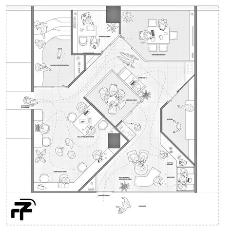 The 45 Degree Office is One of the Few Grand Experiments in Planning of Workspaces Office Floor Plan Architecture, Office Building Design Plan, Head Quarters Office Design, Office Design Floor Plan, Small Office Floor Plan, Office Floor Plan Layout, Office Interior Design Plan, Lab Floor Plan, Office Layout Plan Small