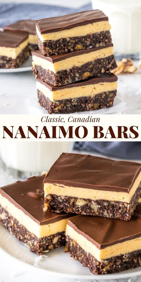 Custard Buttercream, Nanaimo Bar Recipe, Canadian Dessert, Dessert Squares, Nanaimo Bars, Buttercream Filling, Canadian Food, No Bake Bars, Chocolate Topping