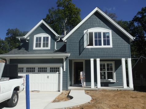 Evening Blue Hardie Board Houses, James Hardie Evening Blue Siding, Evening Blue Hardie Siding, Hardie Board House, Hardie Board Siding Colors, Blue Siding House, Hardie Shingle Siding, James Hardie Siding Colors, Floating Cottage