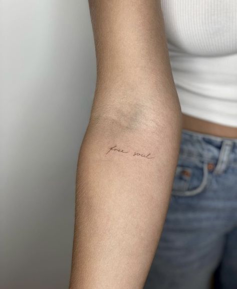 Light Cursive Tattoo, Light Script Tattoo, Long Cursive Font Tattoo, Fine Line Text Tattoo, Unwritten Tattoo, Light Brown Tattoo, Dainty Script Tattoos, Fine Line Name Tattoo, Dainty Arm Tattoos