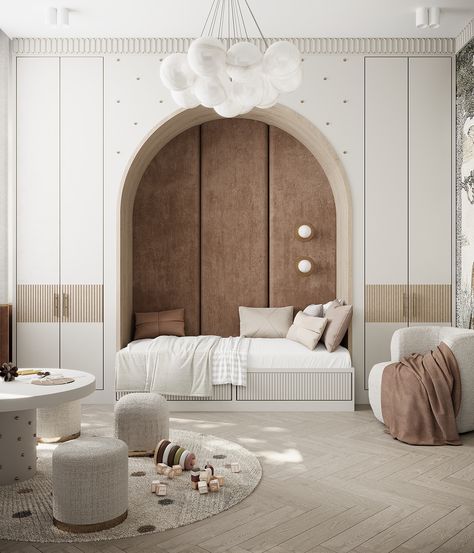 C h i l d r e n ’ s on Behance Bedroom Built Ins Around Bed Headboards, Bohemian Luxury Interior, Japandi Children Room, Japandi Kids Bedroom, Japandi Kids Room, Childroom Design, Kids Room Interior Design, Kids Bedroom Inspiration, Kids Bedroom Designs