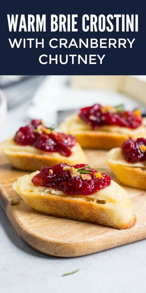 A simple delicious appetizer that will be a crowd pleaser, this Warm Brie Crostini recipe with Cranberry Chutney is the flavor of the holiday season and beyond. Use leftover cranberry chutney or sauce or make it from scratch. The melted brie and cranberry combo is so delicious! Cranberry Crostini, Brie Crostini, Cranberry Appetizer, Crostini Appetizers, Crostini Recipes, Cranberry Chutney, Holiday Appetizer, Wine Tasting Party, Cranberry Sauce Homemade