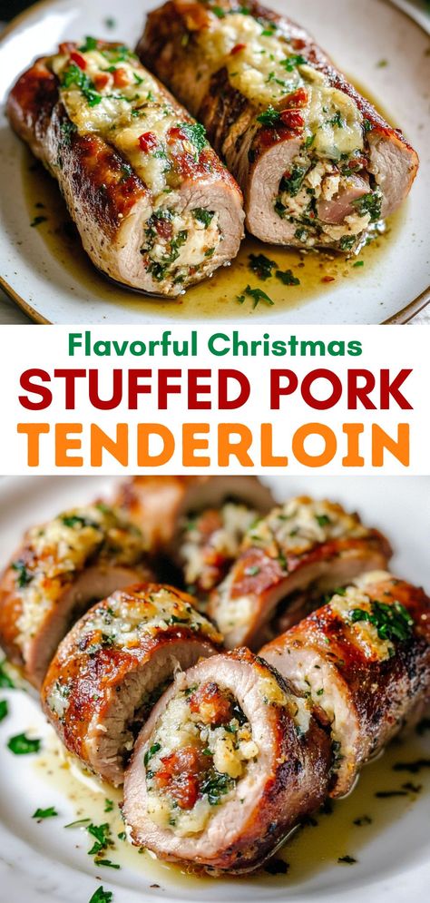 This Flavorful Christmas Stuffed Pork Tenderloin is the perfect dish for your holiday feast. Packed with herbs, spices, and delicious stuffing, this tenderloin is sure to impress your family and friends. Serve it alongside your favorite sides for a memorable Christmas dinner. Easy to prepare and full of flavor, it’s a holiday recipe you won't want to miss! Cider Roasted Pork Tenderloin Ina Garten, Pork Tenderloin With Gorgonzola Sauce, Stuffed Loin Of Pork, Pork Tenderloin Stuffed With Spinach, Appetizers Using Pork Tenderloin, Stuffing Pork Tenderloin, Stuffed Tenderloin Recipes, Delicious Pork Tenderloin Recipes, Dinners With Pork Loin