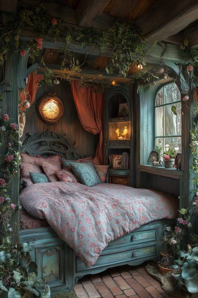 Unusual Furniture Bedroom, Fantasy Inspired Room, Forest Themed Library, Adult Fairy Bedroom, Victorian Themed Bedroom, Magical Forest Bedroom, Awesome Bedrooms Dream Rooms, Dark Whimsical Bedroom, Fantasy Room Ideas