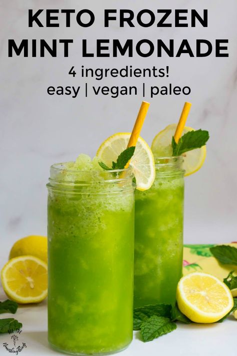 This herbaceous lemon-mint combo is the ultimate easy and healthy summer drink -- an ice-cold Keto Frozen Mint Lemonade! With just 4 ingredients and sweetened with stevia, this healthy slushie recipe is perfect for adults and kids on hot days! #allthenourishingthings #lemonade #ketodrinks #frozenlemonade #summerdrinks #nosugaradded #healthydrinkrecipe #vegandrink Frozen Fruit Recipes, Healthy Summer Drinks, Mint Drink, Basil Lemonade, Slushie Recipe, Apple Mint, Keto Drinks, Mint Lemonade, Lemon Drink