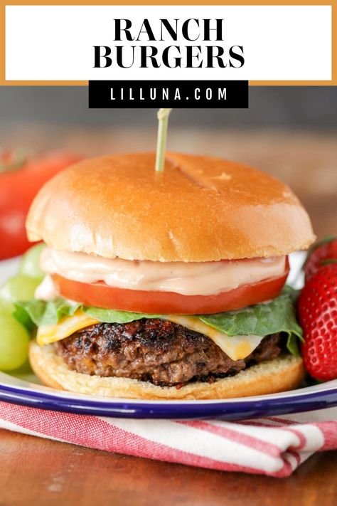 These are the BEST homemade hamburgers!! This cheesy Ranch Burger is complete with the most delicious secret sauce! #ranchburgers #ranchburgerrecipe #burger #hamburger Best Homemade Hamburgers, Ranch Burgers, Asian Steak Bites, Hand Held Food, Creamy Pasta Bake, Easy Burger Recipe, Cheesy Ranch, Easy Burgers, Healthy Baked Chicken