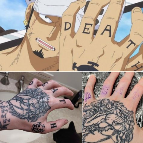 Laws Hand Tattoo, Law Tattoo One Piece Hand, Law Hand Tattoo, Left Right Tattoo, Left Arm Tattoo Men, Law One Piece Tattoo, Anime Hand Tattoo, Hand Tattoo For Men, Law Tattoos