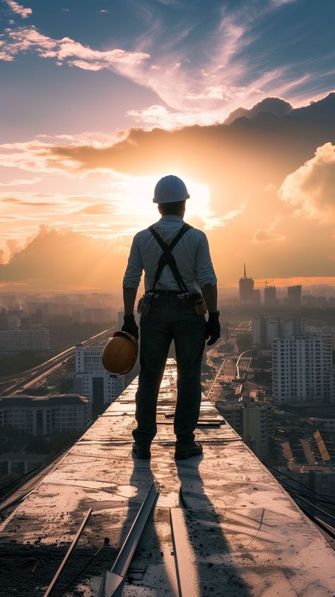 Urban Construction View: A construction worker stands elevated above the city as the sun sets, pondering the skyline. #construction #worker #city #sunset #skyline #silhouette #urban #contemplation #aiart #aiphoto #stockcake https://ayr.app/l/qn1X City Sunset, Skyline Silhouette, Picture Prompts, Image Downloads, Sun Sets, Construction Worker, Ideas Creativas, Civil Engineering, View Image