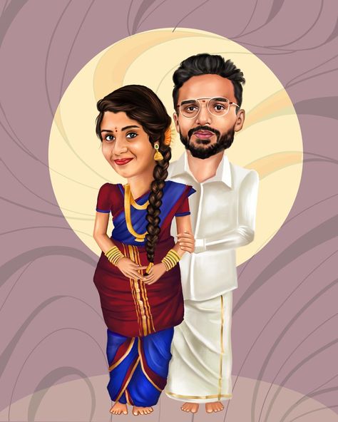 This is a customised caricature for e-invite. Realistic detailing, brahmin wedding style illustration. Caricature Photo, Brahmin Wedding, Pixar Poster, Wedding Caricature, Indian Wedding Invitation Cards, Caricature From Photo, E Invite, Blur Photo, Photo To Cartoon