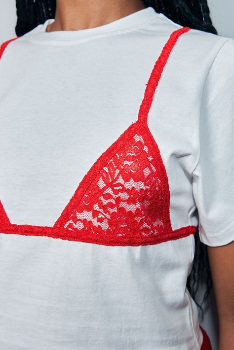 100% cotton with faux lace bra details on the front and back Upcycled T Shirt, Bra Over Shirt, Diy Clothes Ideas, Brazil Festival, Bra Shirt, Diy Festival, Embroidery Shirts, Tshirt Bra, Lace Tee