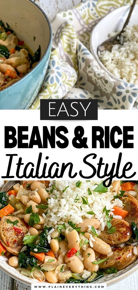 Italian Beans & Rice | Easy Budget Friendly Meal Italian Rice And Beans, Beans And Rice Main Dish, Mediterranean Beans And Rice, Dried Bean Recipes Meals, Bean And Rice Recipes, Mediterranean Beans, Beans And Rice Recipes, Pinto Beans And Rice, Rice With Sausage