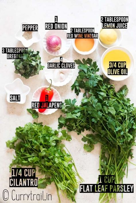 all ingredients for chimichurri saice Chimmichuri Recipes Easy, Diet Sauce, Green Chimichurri Sauce, Recipes Using Chimichurri Sauce, Homemade Chimichurri Sauce, Chimichurri Dressing, Chimichurri Recipes, Chimichurri Meals, Steak Recipes Chimichurri