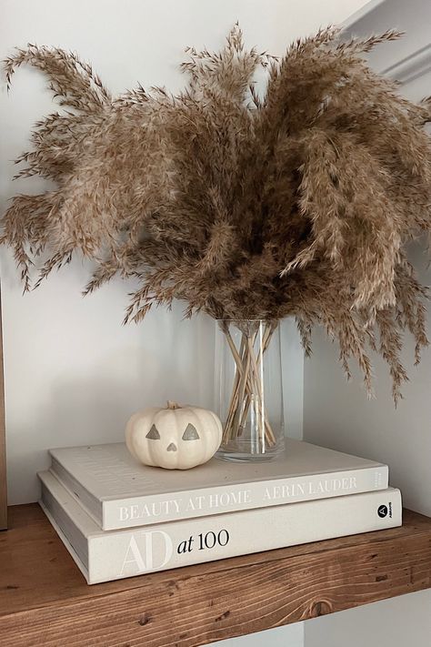 Neutral Fall Decor, Halloween Decor, Pumpkin Decor, Fall Shelf Styling Fall Home Decor Neutral, Fall Decor Minimal, Scandi Fall Decor, Fall Decor Inspo 2024, Modern Fall Coffee Table Decor, Cream Fall Decor, Minimalistic Fall Decor, Black And Beige Fall Decor, Neutral Color Halloween Decor