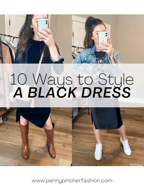 How to Accessorize a Black Dress Black Dress With Tshirt Outfit, Denim Shirt Over Black Dress, Black Dress With Oversized Shirt, How To Style A Black T Shirt Dress, What To Layer Over A Dress, Dress Down A Black Dress, Black Dress Outfit Layering, Dressing Down A Black Dress, How To Style A Black Shirt Dress