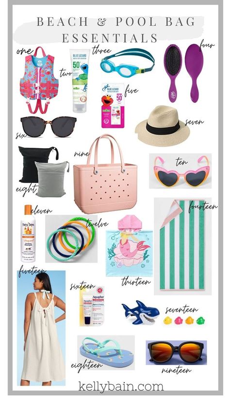 Must have beach and pool bag essentials for this summer. List includes favorite sunscreens, sunglasses, towels, beach hat, cover up and more for this summer. Pool Packing List, Beach Essentials List, Pool Bag Essentials, Beach Trip Packing List, Beach Trip Packing, Summer Bag Essentials, Beach Vacation Accessories, Summer List, Beach Bag Essentials