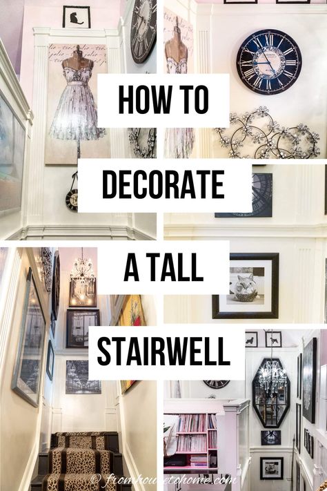 how to decorate a tall stairwell Open Stairway Decor, Artwork For Stairwell, Decorate Large Staircase Wall, Split Staircase Ideas Decoration, Stairwell Family Photos, Above Stairwell Decor, End Of Staircase Decor, Stairwell Art Gallery, Style Staircase Wall