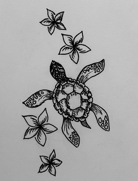 Turtle Hand Tattoos For Women, Turtle With Flowers Drawing, Beach And Flower Tattoo, Tattoo Ideas Female Hawaiian, Turtle Drawing Tattoo, Sea Turtle Spine Tattoo, Turtle Butterfly Tattoo, 2 Turtles Tattoo, Sea Turtle Back Tattoo