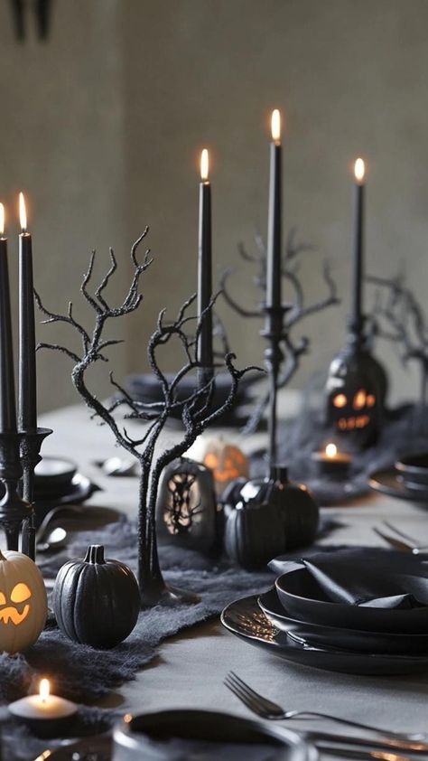 Craft a whimsical Halloween table that delights guests of all ages. Cover your table with a striped orange and black tablecloth. Create a playful centerpiece using a stack of colorful pumpkins topped with a witch's hat. Scatter candy corn and plastic spiders for a fun touch. Use bright orange plates with black cat silhouettes and green goblets resembling witch's brew. Add personalized trick-or-treat bags filled with goodies as place settings for a sweet surprise. Green Goblets, Colorful Pumpkins, Orange Plates, Pumpkin Stack, Halloween Tablescape, Black Tablecloth, Black Cat Silhouette, Halloween Table Decorations, Whimsical Halloween