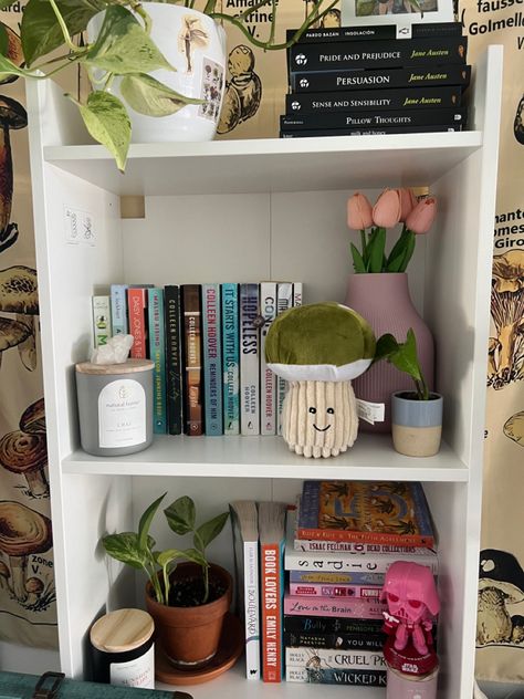 bookshelf inspiration Girly Bookshelf Aesthetic, Bookcase Decor Aesthetic, Stuff To Put On Shelves, Crystals On Bookshelf, Bookshelf Decorating Ideas Bedrooms, Pink Bookshelf Decor, Shelf Decor Ideas Aesthetic, Cute Bookshelf Decor, Cute Bookshelf Ideas Bedrooms