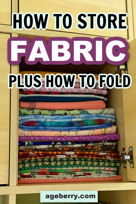 a guide on how to fold and store fabric Storing Material Fabric Storage, Patchwork, Storing Fabrics In Sewing Room, Fabric Organization Ideas Diy, Fabric Storage Shelves, Ways To Store Fabric In Sewing Room, Quilt Room Organization Organizing Ideas, How To Store Material, How To Store Fabric In Sewing Room