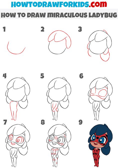 how to draw miraculous ladybug step by step How To Draw Miraculous Characters, How To Draw Ladybug Step By Step, Miraculous Ladybug Painting Ideas, How To Draw Miraculous Ladybug, Miraculous Ladybug Activities, How To Draw Cartoon Step By Step, Miraculous Ladybug Drawing Easy, Disney Sketches Easy Step By Step, Miraculous Drawing