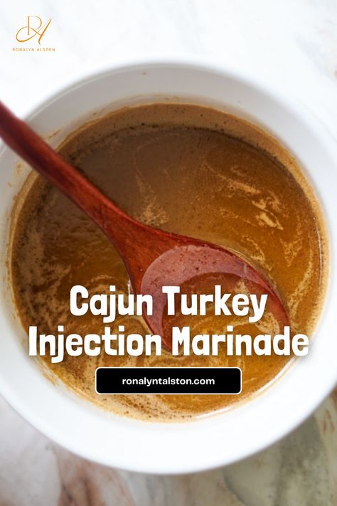 Cajun Turkey injection marinade is the tasty filling that goes inside your fried Cajun Turkey. This recipe is extra easy to make and tastes delicious in baked or fried Turkey. Cajun Brine For Turkey, Cajun Marinade, How To Make A Cajun Turkey, Gluten Free Turkey Injection Marinade, Turkey Injections Recipes, Turkey Injections For Deep Frying, Cajun Butter Injection Turkey Recipes, Cajun Turkey Injection Marinade Recipes, Cajun Injector Recipe