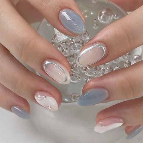 Gray Korean Nails, Easy Korean Nails, Korean Nails Short Jelly, Gel Designs On Natural Nails, Apres Nails Design, Easy Acrylic Nail Ideas, Short Japanese Nails, Simple Gel X Nails, Japanese Jelly Nails