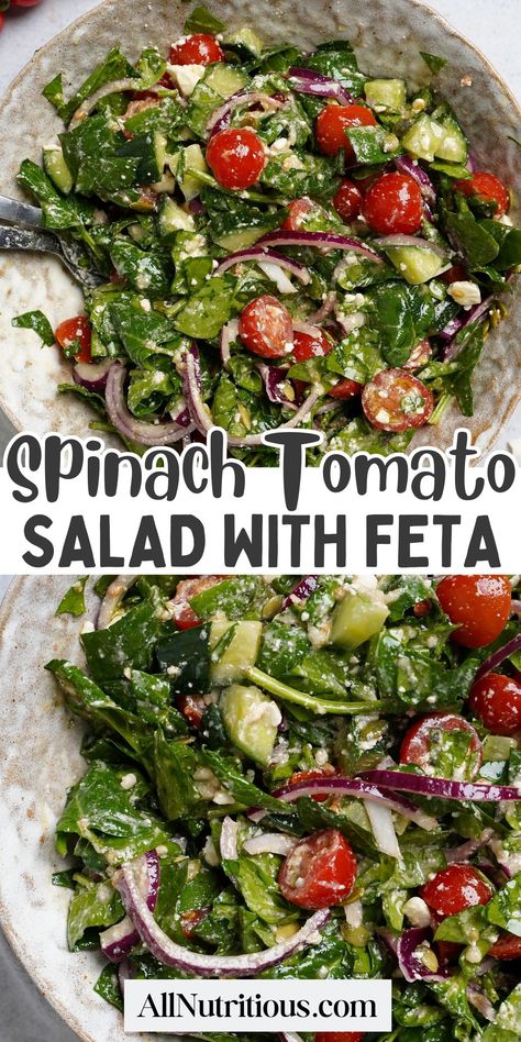 If you are looking for tasty vegetarian recipes for your low calorie diet you will love this spinach tomato salad. Make this quick recipe for a healthy low calorie lunch or side dish you will love. #salad #LowCalorie Healthy Low Calorie Lunch, Tomato Salad With Feta, Low Calorie Lunch, Salad With Feta Cheese, Low Calorie Salad, Healthy Low Calorie, Creamy Feta, Spinach Tomato, Feta Cheese Salad