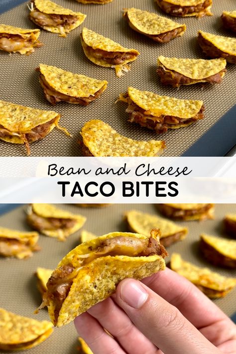 Tortilla chips get filled with creamy refried beans, shredded cheese, and taco seasoning, then baked and folded into taco bites for the perfect bite-sized appetizer or snack! Mexican Appetizers For Party Easy Snacks, Tortilla Chip Mini Tacos, Bean And Cheese Taco Bites, Tostitos Taco Bites, Cream Cheese Tortilla Bites, Dinner With Tortilla Chips, Taco Bell Cinnabon Bites, Appetizers With Tortillas, Snacks To Go With Pizza