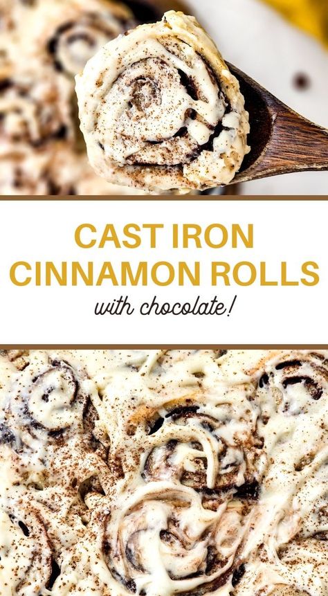 Cast Iron Chocolate Cinnamon Rolls Recipe Chocolate Cinnamon Rolls, Easy Cinnamon Rolls Recipe, Breakfast Bread Recipes, Caramel Glaze, Baked Rolls, Cinnamon Recipes, Sweet Rolls, Easy Cinnamon, Cinnamon Rolls Recipe