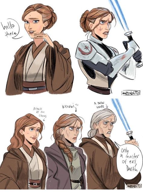 Gender Bent Star Wars, Obi Wan Kenobi Genderbend, Genderbent Star Wars, Obi Wan Genderbend, Genderbent Obi Wan, Korkie Kryze Fan Art, Anakin Skywalker Genderbend, Anakin Obi Wan Ahsoka Fanart, Star Wars Clone Fanart