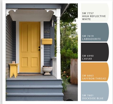 Mustard House Exterior, Exterior Siding Colors, Exterior House Siding, Front Door Paint Colors, Exterior House Paint Color Combinations, Door Paint Colors, Siding Colors, Painted Front Doors, Outdoor Decorating