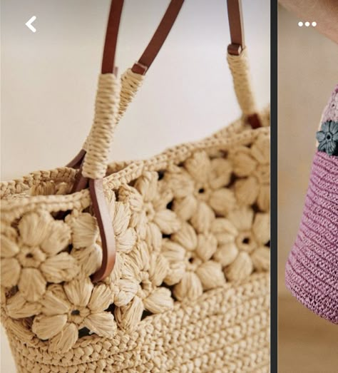 Crochet Bag Raffia, Rafia Bags Crochet Pattern, Straw Embroidery, Crochet Raffia Bag, Daisy Bags, Raffia Crochet, Crochet Tutorial Pattern, Knit Basket, Crochet Market Bag