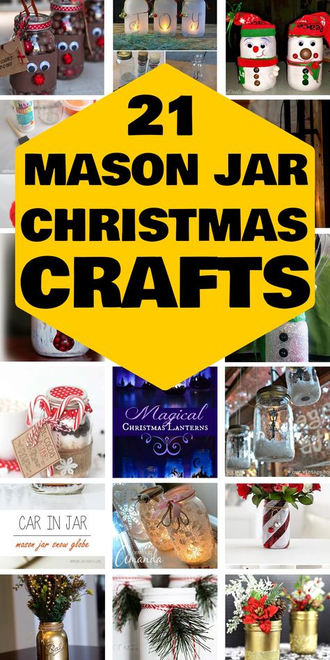 21 Mason Jar Christmas Crafts featuring decorated jars with holiday themes like snowmen, lanterns, and candy cane holders. Christmas Crafting Ideas, Jar Christmas Crafts, Christmas Treats Jars, Gold Glitter Mason Jar, Mason Jar Christmas Decorations, Mason Jar Christmas Crafts, Holiday Mason Jar, Mason Jar Christmas, Jar Projects