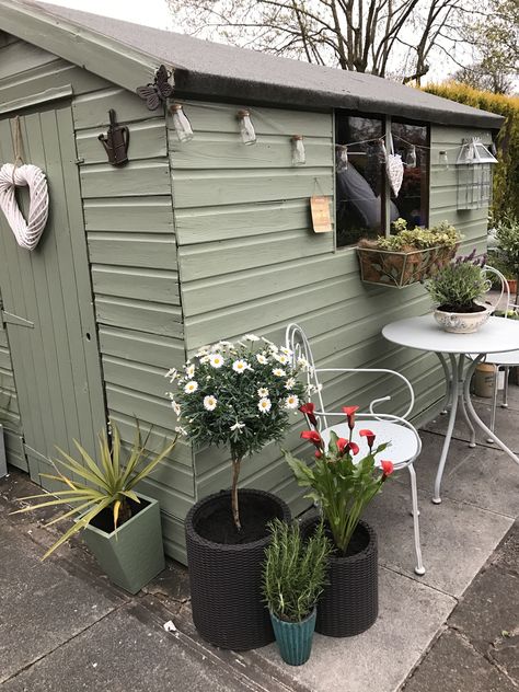 Another good grey-green for painting sheds, fencing etc to make them less obtrusive. Side Fence Garden Ideas, Side Of Shed Decor Ideas, Painted Sheds Ideas Backyards, Shed And Fence Colour Ideas, Green Shed Ideas, Garden Shed Colours Ideas, Painted Shed Ideas, Side Of Shed Decor, Garden Shed Paint Ideas